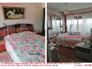 Chambre 1 Lit double avec 2 sommiers + 2 matelas (200x80 cm) + 2 tables de nuit +couvre lit + cadre CHF 55.00